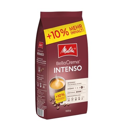 Melitta BellaCrema Intenso Ganze Kaffee-Bohnen 1,1kg, ungemahlen, Kaffeebohnen für Kaffee-Vollautomat, kräftige Röstung, geröstet in Deutschland, Stärke 4 von Melitta