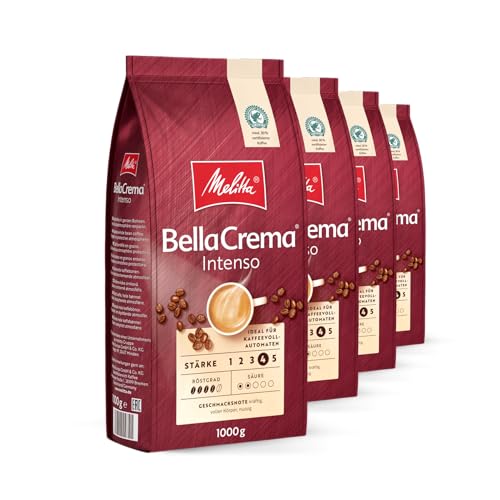 Melitta BellaCrema Intenso Ganze Kaffee-Bohnen 4 x 1kg, ungemahlen, Kaffeebohnen für Kaffee-Vollautomat, kräftige Röstung, geröstet in Deutschland, Stärke 4, im Tray von Melitta