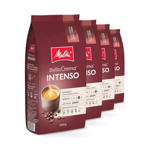 Melitta BellaCrema Intenso Ganze Kaffee-Bohnen 4 x 1kg, ungemahlen, Kaffeebohnen für Kaffee-Vollautomat, kräftige Röstung, geröstet in Deutschland, Stärke 4, im Tray von Melitta