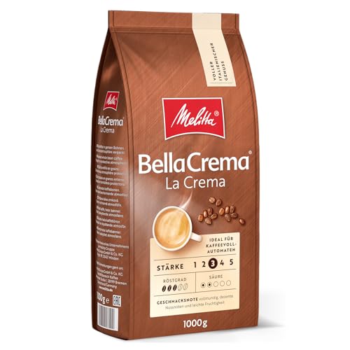 Melitta BellaCrema La Crema Ganze Kaffee-Bohnen 1kg, ungemahlen, Kaffeebohnen für Kaffee-Vollautomat, mittlere Röstung, geröstet in Deutschland, Stärke 3 von Melitta