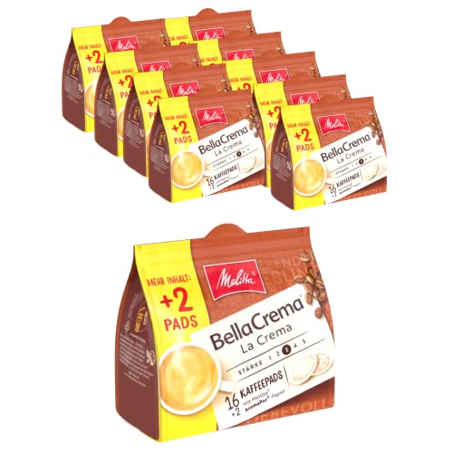 Melitta BellaCrema La Crema gemahlener Röstkaffee in Kaffee-Pads 10 x 16 + 2 Pads, Kaffeepads für Pad-Maschine, mittlere Röstung, geröstet in Deutschland, Stärke 3, im Tray von Melitta