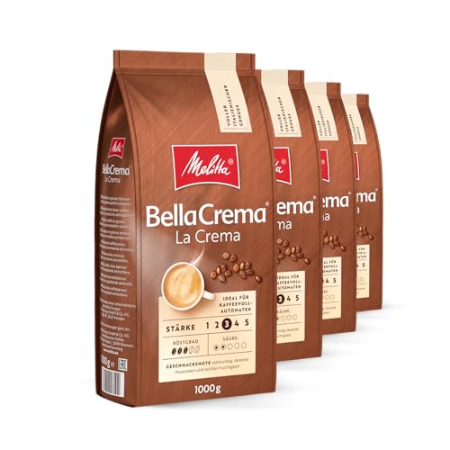 Melitta BellaCrema La Crema Ganze Kaffee-Bohnen 4 x 1kg, ungemahlen, Kaffeebohnen für Kaffee-Vollautomat, mittlere Röstung, geröstet in Deutschland, Stärke 3, im Tray von Melitta