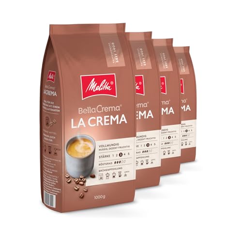 Melitta BellaCrema La Crema Ganze Kaffee-Bohnen 4 x 1kg, ungemahlen, Kaffeebohnen für Kaffee-Vollautomat, mittlere Röstung, geröstet in Deutschland, Stärke 3, im Tray von Melitta