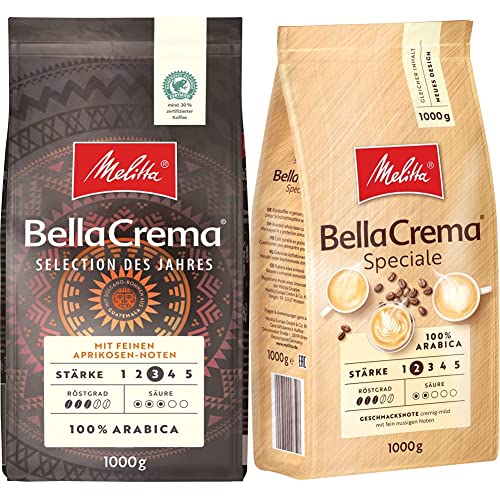 Melitta BellaCrema Selection des Jahres, Ganze Kaffeebohnen, Stärke 3, 1kg & BellaCrema Speciale, Ganze Kaffeebohnen, Stärke 2, 1kg von Melitta