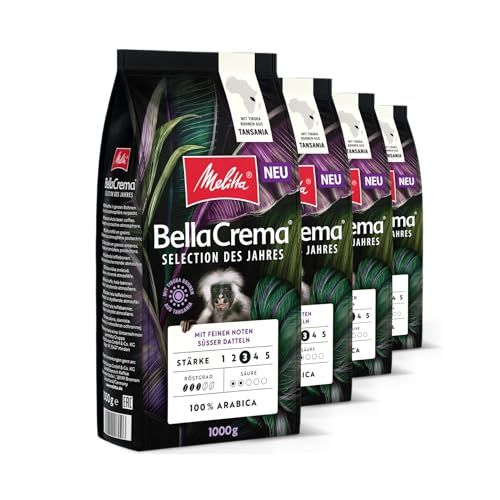 Melitta BellaCrema Selection des Jahres Ganze Kaffee-Bohnen 4 x 1kg, ungemahlen, Kaffeebohnen für Kaffee-Vollautomat, mittlere Röstung, geröstet in Deutschland, Stärke 3, im Tray von Melitta