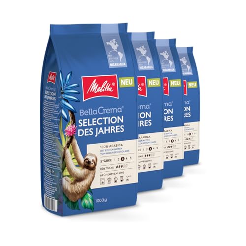 Melitta BellaCrema Selection des Jahres Ganze Kaffee-Bohnen 4 x 1kg, ungemahlen, Kaffeebohnen für Kaffee-Vollautomat, mittlere Röstung, geröstet in Deutschland, Stärke 3, im Tray Melitta BellaCrema Selection des Jahres Ganze Kaffee-Bohnen 4 x 1kg, ungemahlen, Kaffeebohnen für Kaffee-Vollautomat, mittlere Röstung, geröstet in Deutschland, Stärke 3, im Tray von Melitta