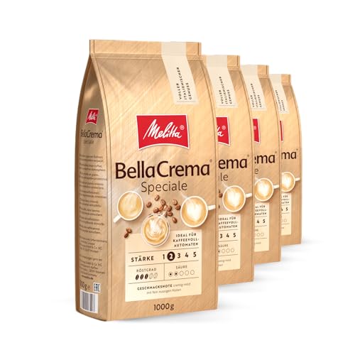 Melitta BellaCrema Speciale Ganze Kaffee-Bohnen 4 x 1kg, ungemahlen, Kaffeebohnen für Kaffee-Vollautomat, mittlere Röstung, geröstet in Deutschland, Stärke 2, im Tray von Melitta