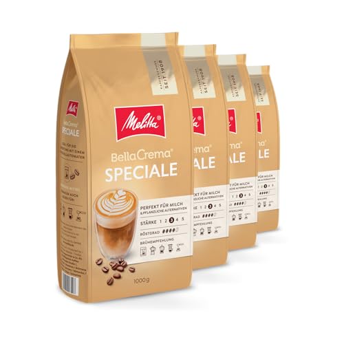 Melitta BellaCrema Speciale Ganze Kaffee-Bohnen 4 x 1kg, ungemahlen, Kaffeebohnen für Kaffee-Vollautomat, mittlere Röstung, geröstet in Deutschland, Stärke 3, im Tray von Melitta