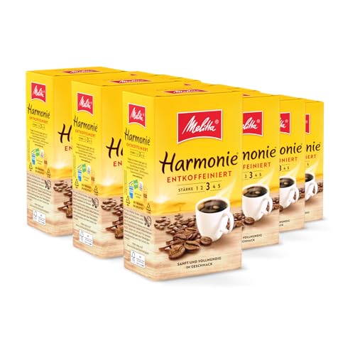 Melitta Harmonie Entkoffeiniert Filter-Kaffee 12 x 500g, gemahlen, Pulver für Filterkaffeemaschinen, koffeinfrei, milde Röstung, geröstet in Deutschland, im Tray von Melitta