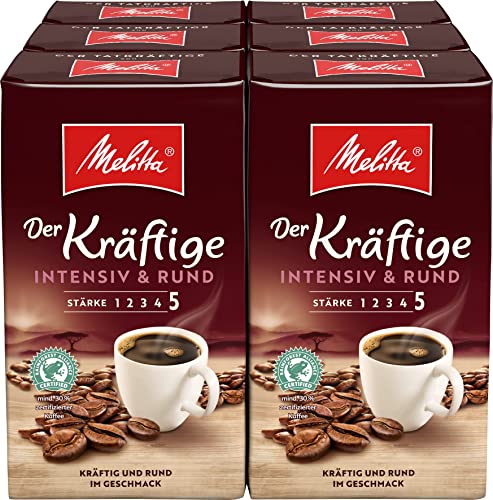 Melitta Der Kräftige Filter-Kaffee 6 x 500g, gemahlen, Pulver für Filterkaffeemaschinen, kräftige Röstung, geröstet in Deutschland, im Tray von Melitta