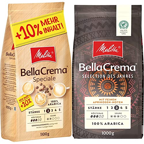 Melitta Ganze Kaffeebohnen, 100% Arabica, milder Geschmack, leichter Charakter, Stärke 2, BellaCrema Speciale, 1100g & BellaCrema Selection des Jahres, Ganze Kaffeebohnen, Stärke 3, 1kg von Melitta