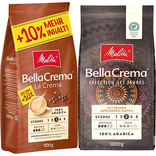 Melitta Ganze Kaffeebohnen, 100% Arabica, vollmundig und ausgewogen, Stärke 3, BellaCrema LaCrema, 1100 g & BellaCrema Selection des Jahres, Ganze Kaffeebohnen, Stärke 3, 1kg von Melitta