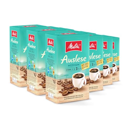 Melitta Auslese Medium Filter-Kaffee 12 x 500g, gemahlen, Pulver für Filterkaffeemaschinen, 50% entkoffeiniertem Kaffee, mittlere Röstung, geröstet in Deutschland, im Tray von Melitta