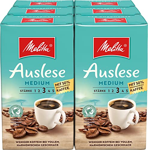 Melitta Gemahlener Röstkaffee, Filterkaffee, kräftig mit 50% entkoffeiniertem Kaffee, Stärke 3, Auslese Medium, 6er Pack (6 x 500 g) von Melitta