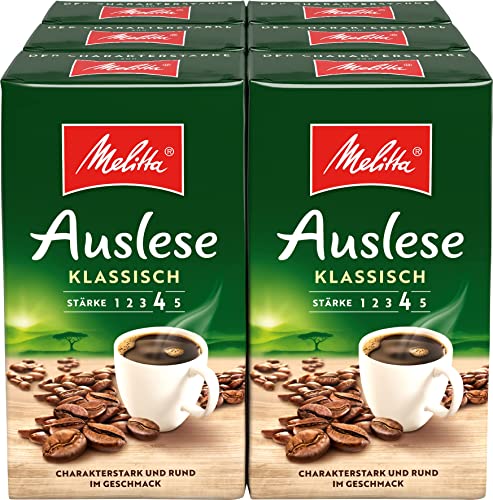 Melitta Auslese Filter-Kaffee 6 x 500g, gemahlen, Pulver für Filterkaffeemaschinen, starke Röstung, geröstet in Deutschland, im Tray von Melitta