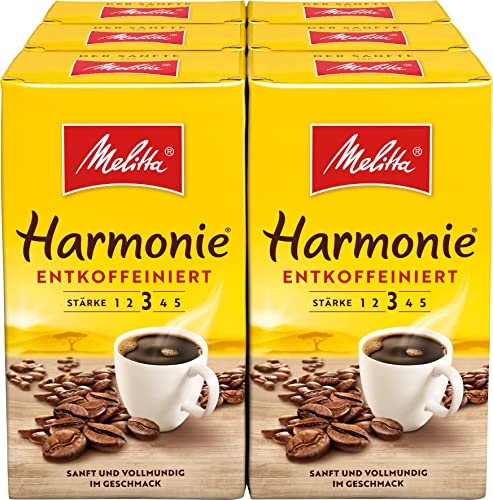Melitta Harmonie Entkoffeiniert Filter-Kaffee 6 x 500g, gemahlen, Pulver für Filterkaffeemaschinen, koffeinfrei, milde Röstung, geröstet in Deutschland, im Tray von Melitta