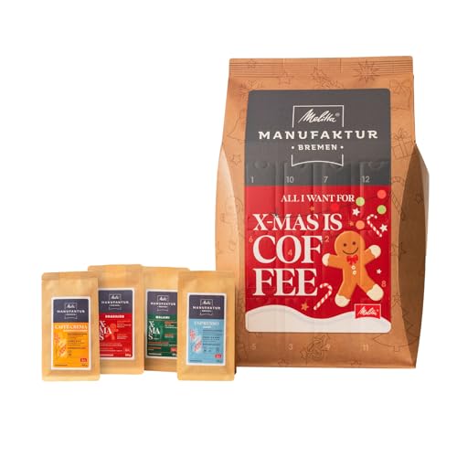 Melitta Manufaktur-Kaffee Adventskalender 2023, 24 verschiedene Spezialitäten-Kaffees, Kaffee-Bohnen, ungemahlen, Special-Edition, geröstet in Deutschland, 24 x 50g von Melitta