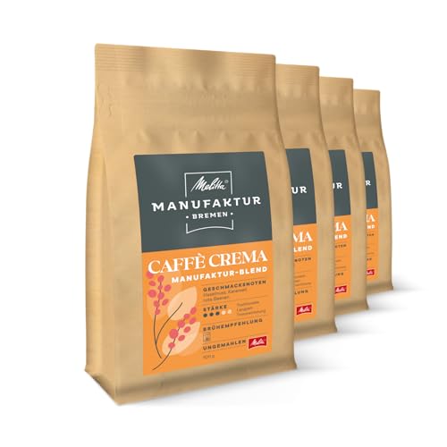 Melitta Manufaktur-Kaffee Caffè Crema Spezialitäten-Kaffee, 4 x 500g, Kaffee-Bohnen, ungemahlen, Regionenkaffee aus Brasilien, Kolumbien und Äthiopien, geröstet in Deutschland, Stärke 3, im Tray von Melitta