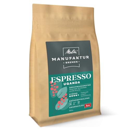 Melitta Manufaktur-Kaffee Espresso Spezialitäten-Kaffee, 500g, ganze Kaffee-Bohnen, ungemahlen, Single-Origin-Farm-Kaffee aus Uganda, geröstet in Deutschland, Stärke 4 von Melitta