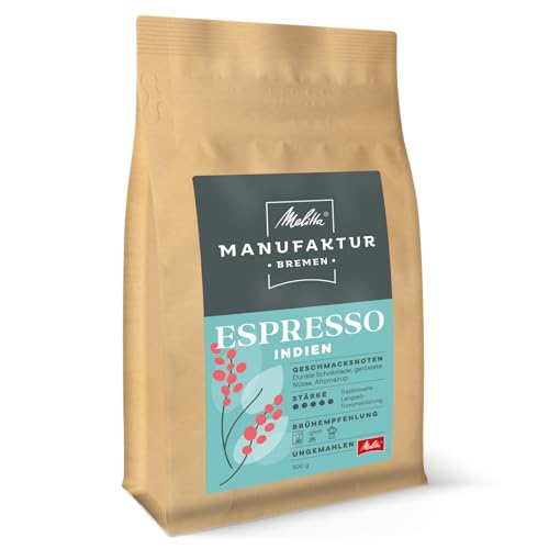 Melitta Manufaktur-Kaffee Espresso Spezialitäten-Kaffee, 500g, ganze Kaffee-Bohnen, ungemahlen, Single-Origin-Farm-Kaffee aus Indien, geröstet in Deutschland, Stärke 5 von Melitta