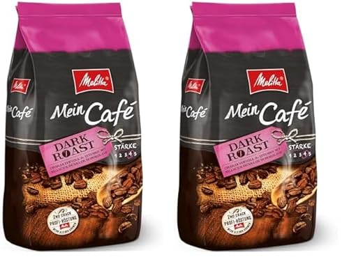 Melitta Mein Café Dark Roast, Ganze Kaffee-Bohnen 1kg, ungemahlen, Kaffeebohnen für Kaffee-Vollautomat, kräftige Röstung, Stärke 4 (Packung mit 2) von Melitta