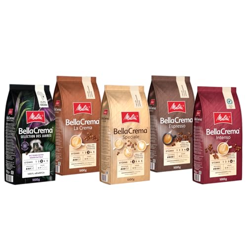 Melitta BellaCrema Probierpaket La Crema Speciale Intenso Espresso Selection des Jahres Ganze Kaffee-Bohnen 5x 1kg, ungemahlen, Kaffeebohnen für Kaffee-Vollautomat, geröstet in Deutschland von Melitta