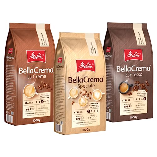 Melitta BellaCrema Probierpaket La Crema Speciale Espresso Ganze Kaffee-Bohnen 3 x 1kg, ungemahlen, Kaffeebohnen für Kaffee-Vollautomat, geröstet in Deutschland von Melitta
