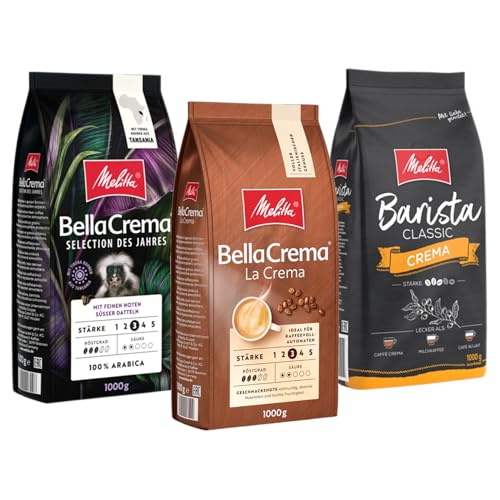 Melitta Probierpaket Unsere Lieblinge BellaCrema La Crema Selection des Jahres Barista Crema Ganze Kaffee-Bohnen 3 x 1kg, ungemahlen, Kaffeebohnen für Kaffee-Vollautomat, geröstet in Deutschland von Melitta