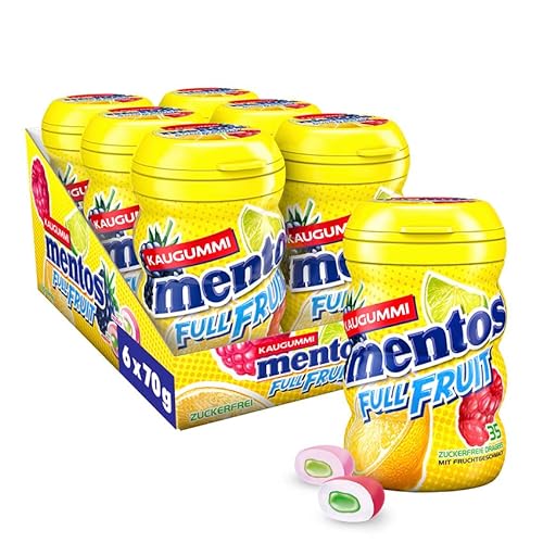 Mentos Kaugummi Full Fruit, 6 Boxen zuckerfreie Chewing Gum Dragees in drei Sorten mit Frucht-Geschmack & flüssiger Füllung, Multipack (6 x 70g) von MENTOS