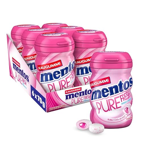 Mentos Kaugummi Pure Fresh Bubble Cool, 6 Boxen zuckerfreie Chewing Gum Dragees mit Frucht-Geschmack & flüssiger Füllung, Multipack (6 x 70g) von MENTOS