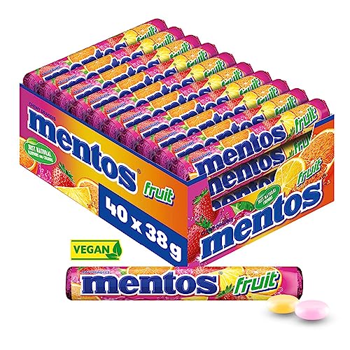 Mentos Fruit Dragees, 40 Rollen Bonbons, Frucht-Geschmack mit Orange + Zitrone + Erdbeere, Multipack Kaubonbons, vegan von MENTOS