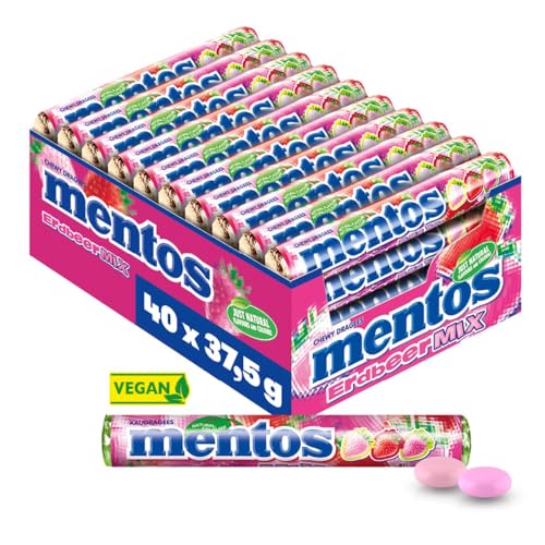 Mentos Dragees Erdbeere-Mix, süß-saure Frucht-Bonbons, fruchtig-spritzige Kaubonbons, Süßigkeiten Multipack (40 Rollen), vegan von MENTOS