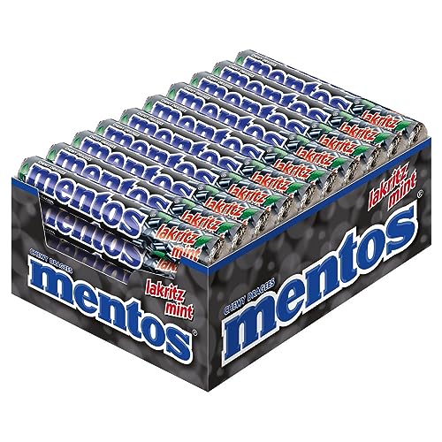 Mentos Kaubonbons Lakritz-Mint, Dragees mit Lakritz- & Minz-Geschmack für frischen Atem, Bonbon Vorrats-Packung, Verkaufsdisplay (40 Rollen à 38g) von MENTOS