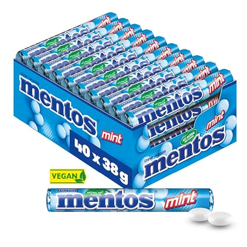 Mentos Kaubonbons Mint, Dragees mit Pfefferminz-Geschmack für frischen Atem, Multipack, Bonbon Vorrats-Packung, Verkaufsdisplay (40 Rollen à 38g) von MENTOS