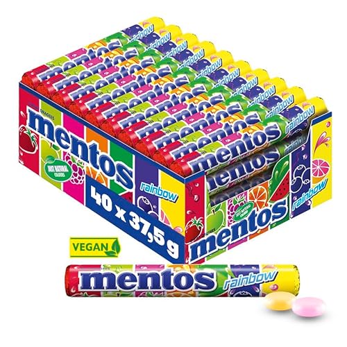 Mentos Rainbow Dragees, Frucht-Bonbons mit Orange, Erdbeer, Apfel, Heidelbeere, Himbeere, Melone & Grapefruit Geschmack, Multipack (40 Rolle), vegan von MENTOS