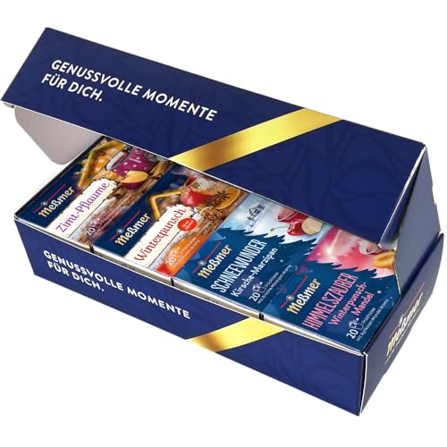 Meßmer Geschenkbox Wärmende Winterzeit | 4x 20 Teebeutel | Zimt Pflaume | Schneewunder | Winterpunsch | Himmelszauber | Geschenkbox mit 4 Früchtetees von Meßmer