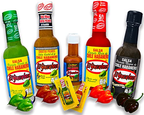 El Yucateco Scharfe Soße Set - 100% Mexiko - Grüne, Rote, Kutbil und Schwarze Sauce je 120ml und Caribbean Salsa Miniflasche 22ml (Pack von 5) (The Bull Hot Pack) von mexhaus