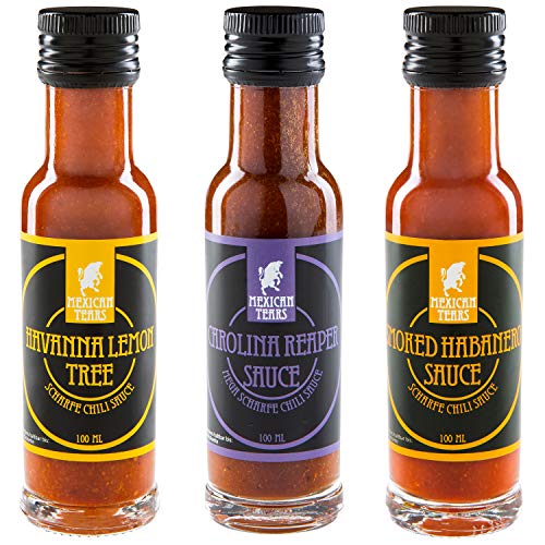 Scharfe Soße Box - 3x Hot Sauce mit Carolina Reaper & Habanero - Chili Set (3x100ml) von Mexican Tears
