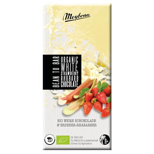 Meybona Bio Weiße Schokolade „Erdbeer-Rhabarber“ | Kakao 35% | Manufaktur aus Deutschland | Bean to Bar | Premium Schokoladen Geschenk 10 x 100g Großpackung von Meybona