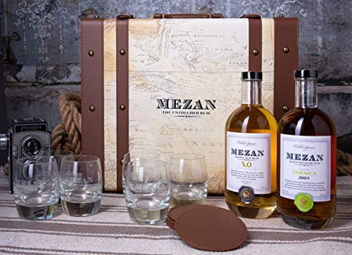 Mezan Rum Koffer Luxury Pack mit 1x0,7l Jamaica XO 40% vol + Jamaica 46% vol + 6 Gläser + 6 Lederuntersetzer Spirituose, 1400 ml von Mezan