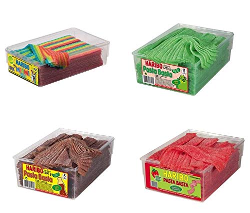 4 Dosen Haribo Pasta Basta Sour Set, 4 Sorten,Erdbeer,Apfel,Cola,Miami, Fruchtgummi, 4 x 1125g von Miami