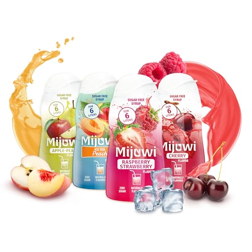 Mijuwi - Splash Bundle Mixed Sirup zuckerfrei & kalorienarm 4x48ml - Apple & Pear, Ice Tea Peach, Raspberry & Strawberry, Cherry - Getränkesirup für Wasser & mehr für bis zu 24l fruchtige Getränke von Mijuwi