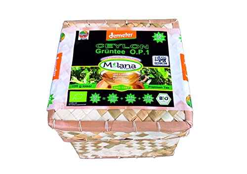 100 g Milana CEYLON Demeter BIO-GRÜNTEE LOSE OP1 Orange Pekoe grüner PremiumTee in HANDGEFLOCHTENEM TEEKÖRBCHEN, 55% des Verkaufspreises ist SOZIALE HILFSLEISTUNG - Der Tee der nach Liebe schmeckt. von Milana