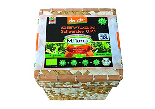 100 g Milana CEYLON Demeter BIO-SCHWARZTEE LOSE OP1 Orange Pekoe 1 Premium-Tee in HANDGEFLOCHTENEM TEEKÖRBCHEN 55% des Verkaufspreises ist SOZIALE HILFSLEISTUNG Der Tee der nach Liebe schmeckt von Milana