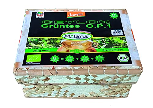 250 g Milana CEYLON Demeter BIO-GRÜNTEE LOSE OP1 Orange Pekoe grüner PremiumTee in HANDGEFLOCHTENEM TEEKÖRBCHEN, 55% des Verkaufspreises ist SOZIALE HILFSLEISTUNG Der Tee der nach Liebe schmeckt von Milana