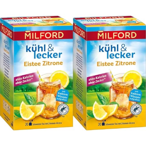 Milford kühl & lecker Eistee Zitrone | Ohne Kalorien | Ohne Zucker | Laktosefrei | Glutenfrei | Vegan | 20 Teebeutel | 50 g (Packung mit 2) von Milford