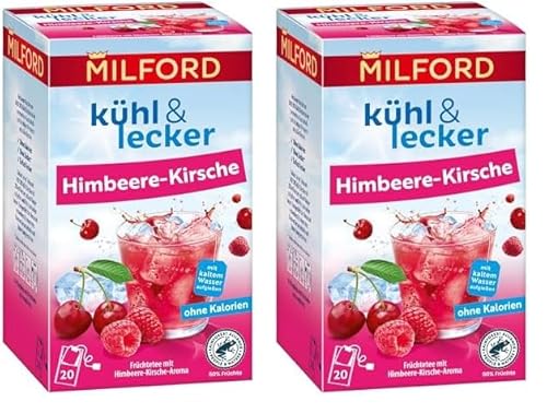 Milford kühl & lecker Himbeere-Kirsch | Ohne Kalorien | Ohne Zucker | Laktosefrei | Glutenfrei | vegan | 20 Teebeutel | 50 g (Packung mit 2) von Milford