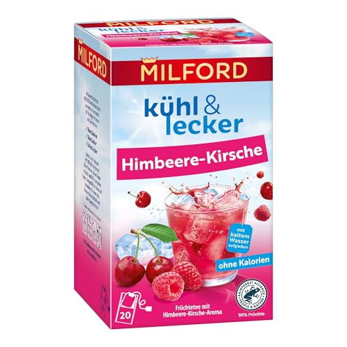 Milford kühl & lecker Himbeere-Kirsch | Ohne Kalorien | Ohne Zucker | Laktosefrei | Glutenfrei | vegan | 20 Teebeutel | 50 g von Milford