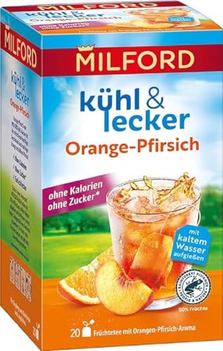 Milford kühl & lecker Orange-Pfirsich | Ohne Kalorien | Ohne Zucker | Laktosefrei | Glutenfrei | Vegan | 20 Teebeutel | 50 g von Milford