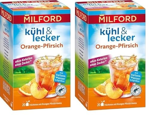 Milford kühl & lecker Orange-Pfirsich | Ohne Kalorien | Ohne Zucker | Laktosefrei | Glutenfrei | Vegan | 20 Teebeutel | 50 g (Packung mit 2) von Milford